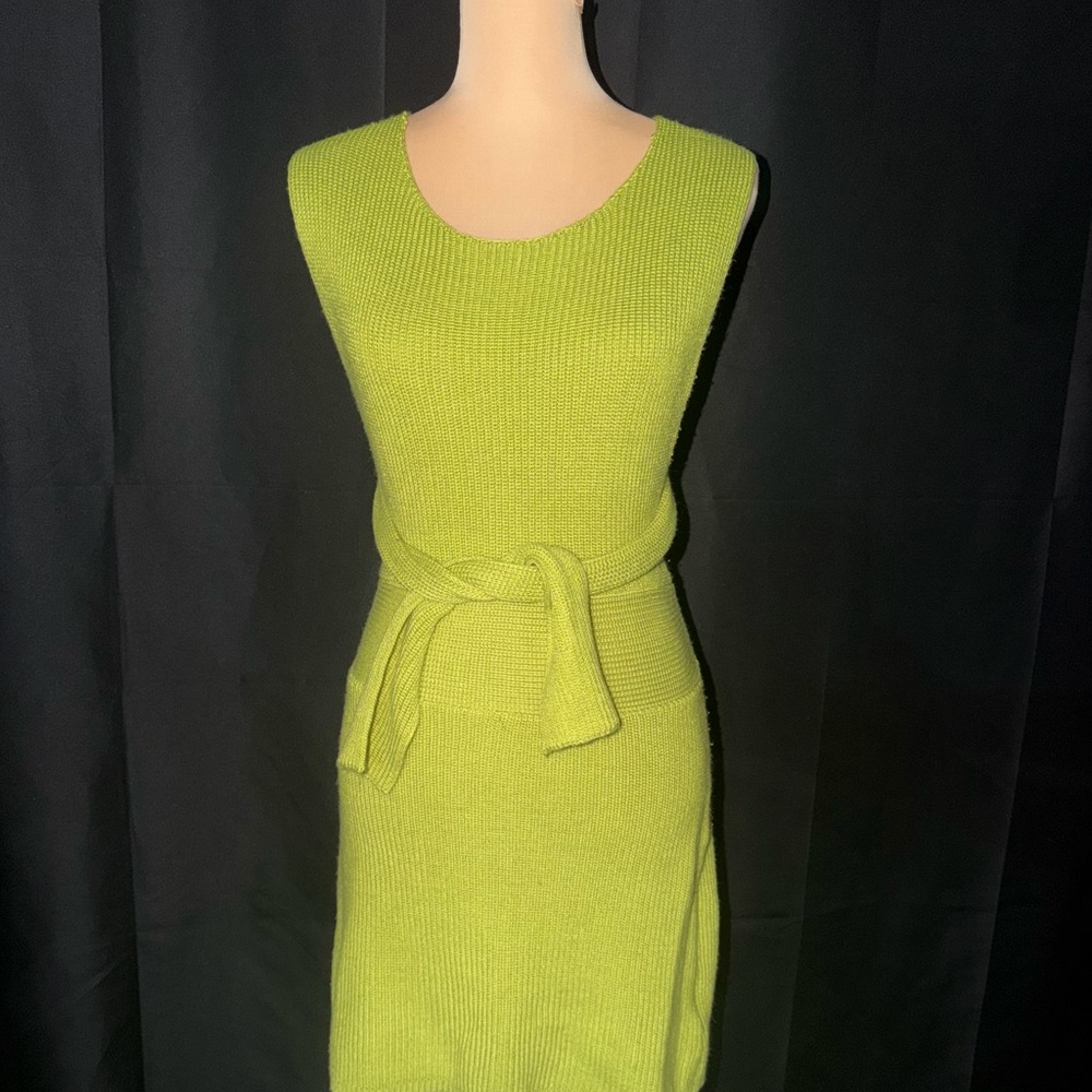Sleeveless Knit Midi Dress with Self-Tie Belt in Lime Green